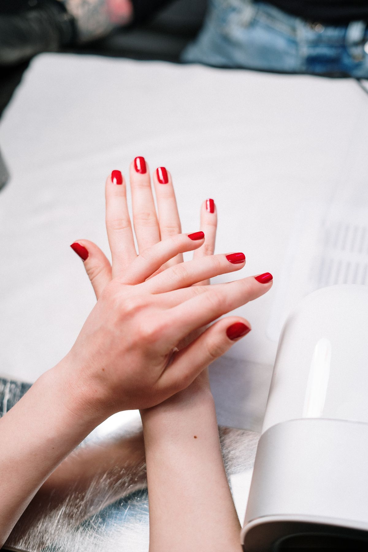 Close-up of a red gel manicure